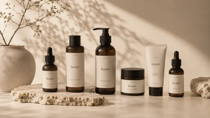 Produk skincare premium Sanghyang ditata di atas podium marmer